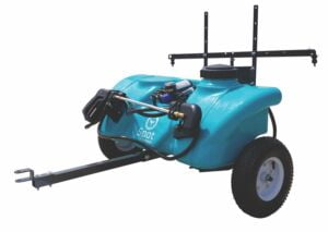 Ride on mower spray unit to tow behind